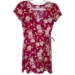 Aeropostale Red Floral Wrap Mini Dress Y2K Cottagecore V Neck Tie Waist